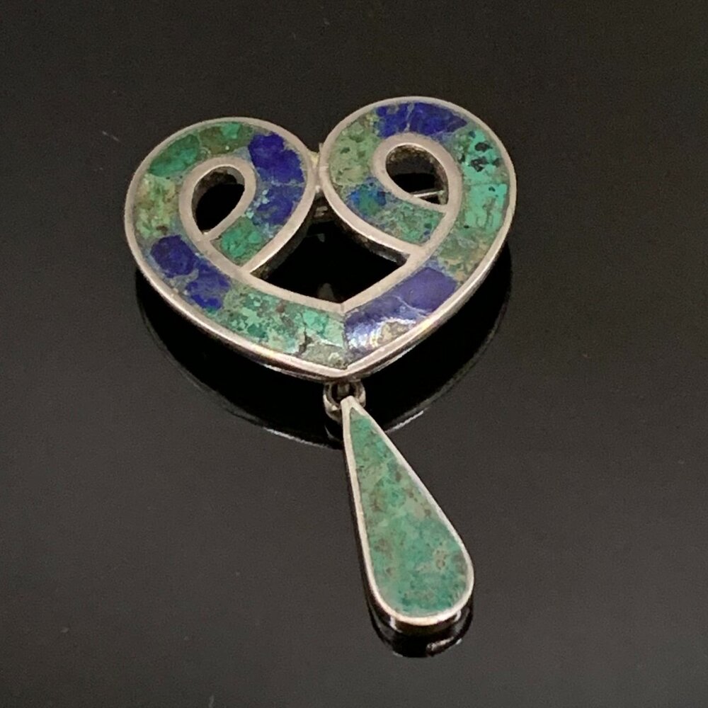 TAXCO Los Castillo Mexico Eagle 15 Heart Sterling Brooch Malachite Chrysocolla - Picture 3 of 10